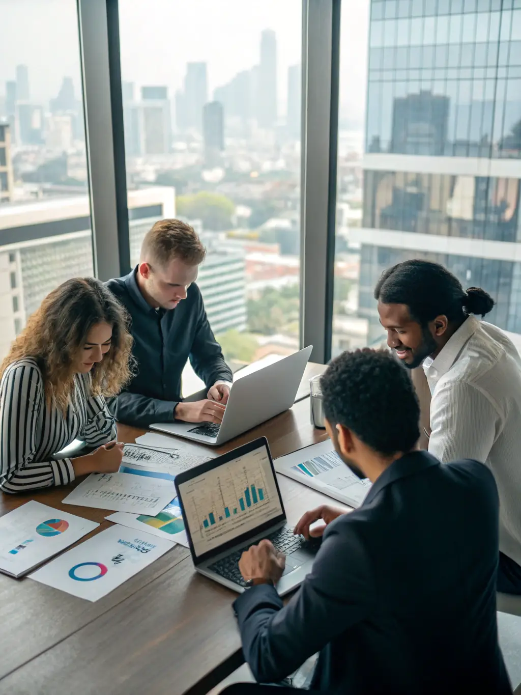 An image of a team brainstorming around a whiteboard with blockchain diagrams and project plans, in a collaborative and innovative office space.