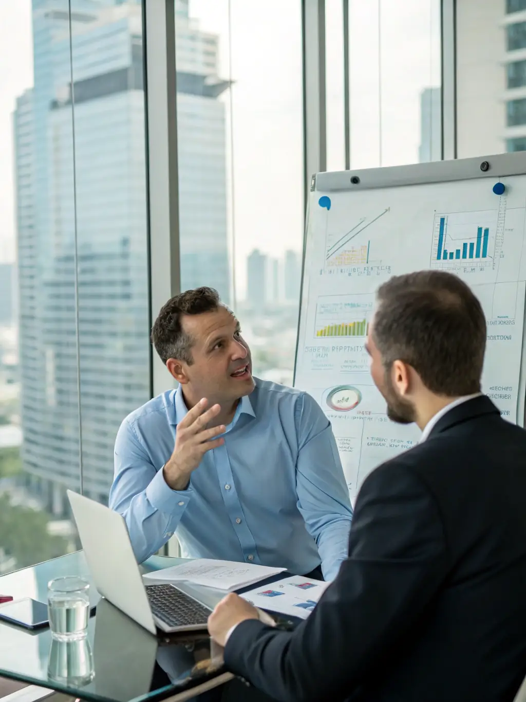 An image of a professional consultant discussing a detailed investment plan with a client, with charts and laptops on the table, in a modern office environment.