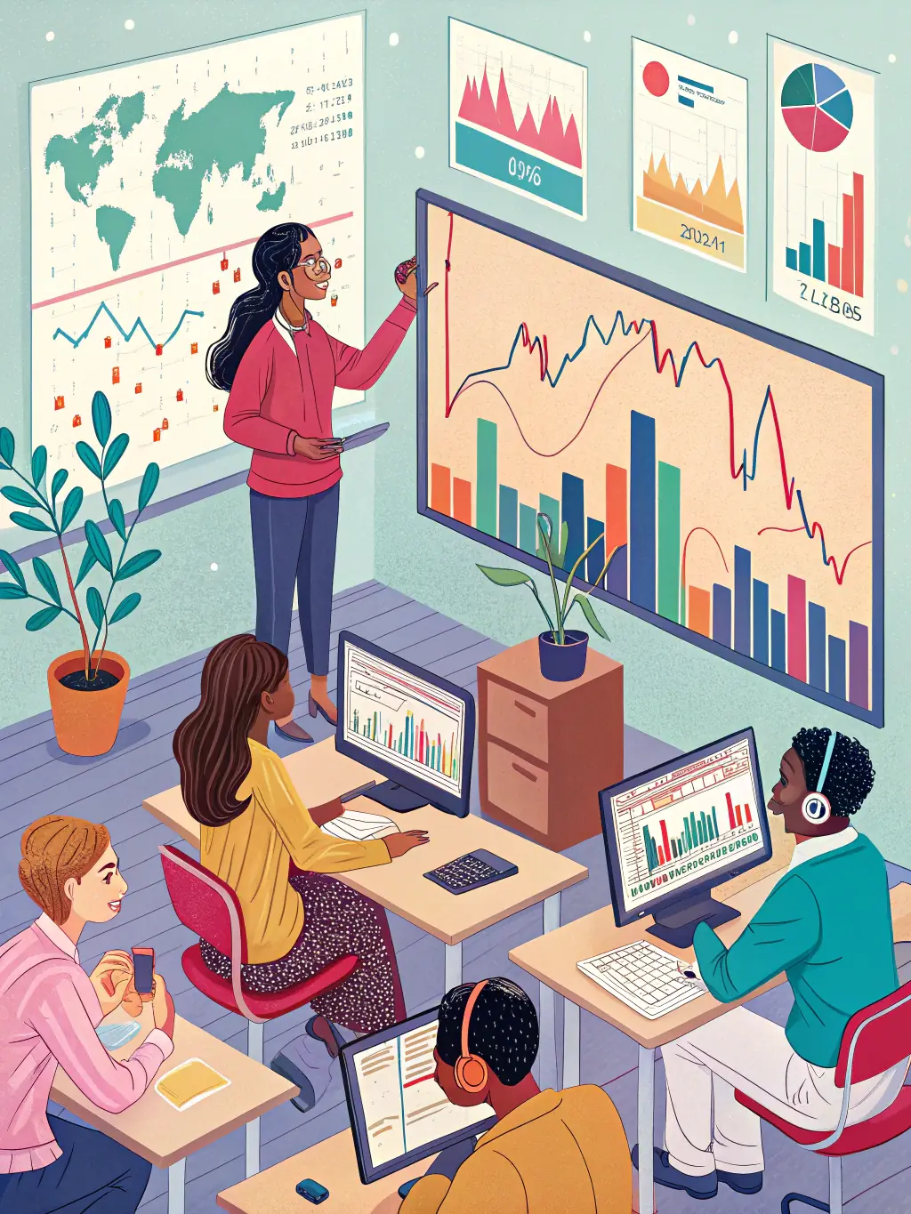 An image of a virtual classroom with participants engaging in a live webinar, with charts and blockchain diagrams displayed, in a dynamic and engaging online learning environment.
