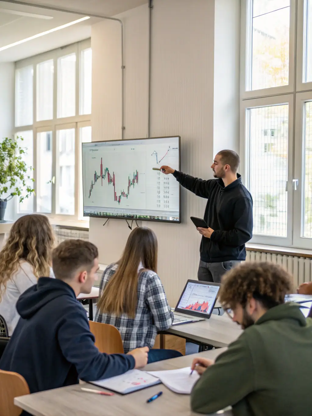 A group of people participating in a cryptocurrency education course, with a whiteboard displaying market analysis and portfolio management techniques.