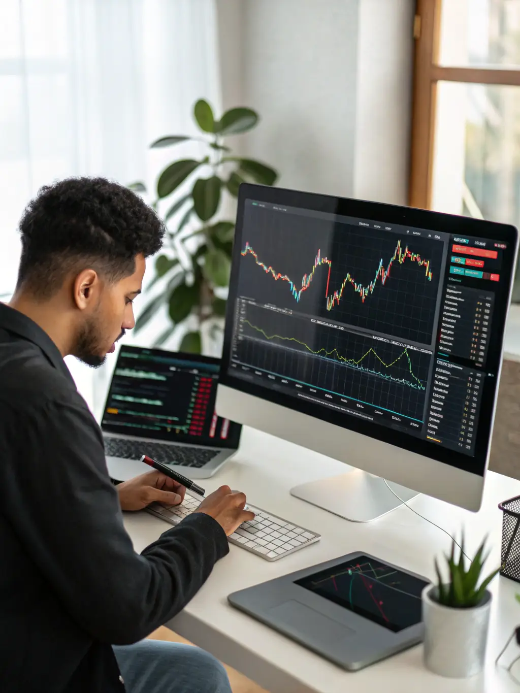 A person analyzing a cryptocurrency market chart on a laptop, with annotations highlighting key investment opportunities and risk mitigation strategies.