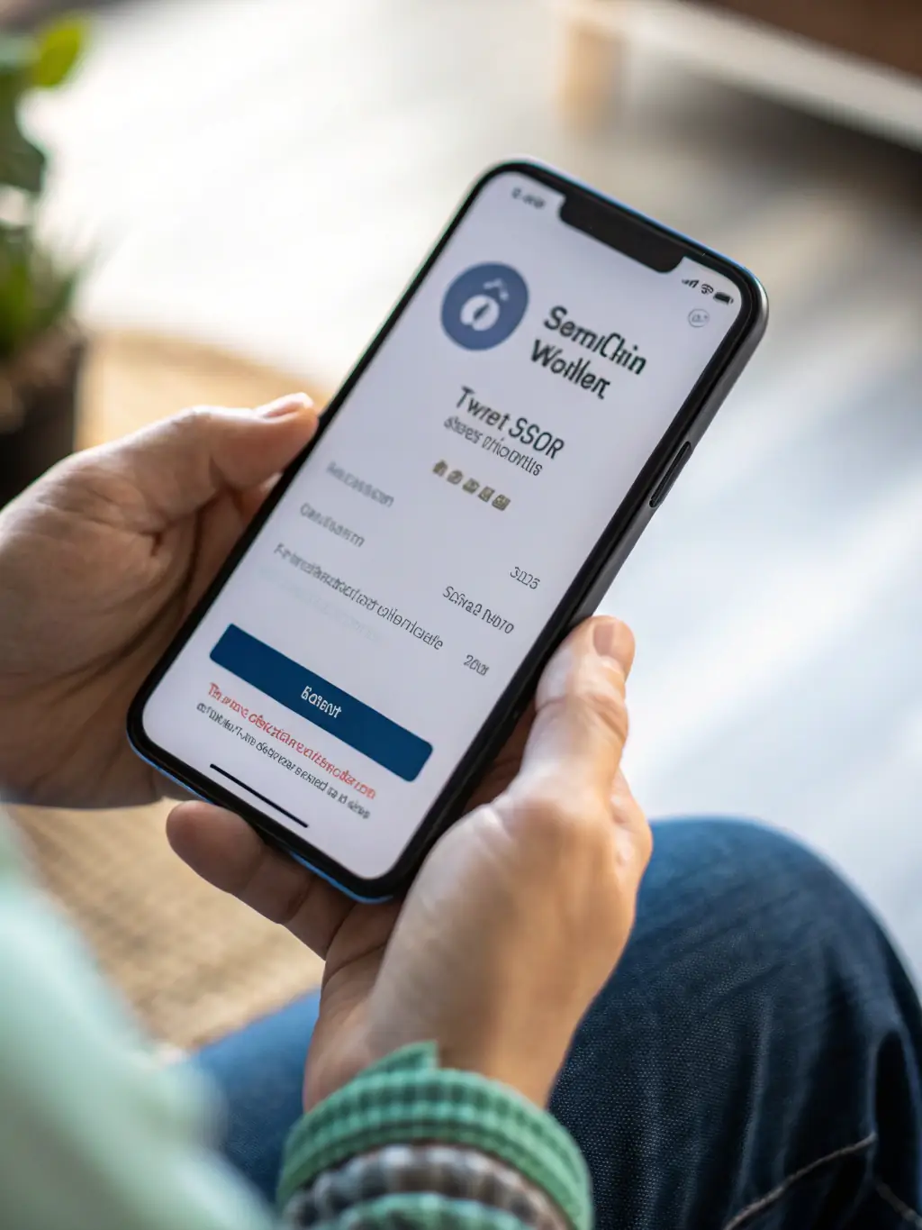 A person holding a smartphone displaying a cryptocurrency wallet interface, with a focus on security features like two-factor authentication.